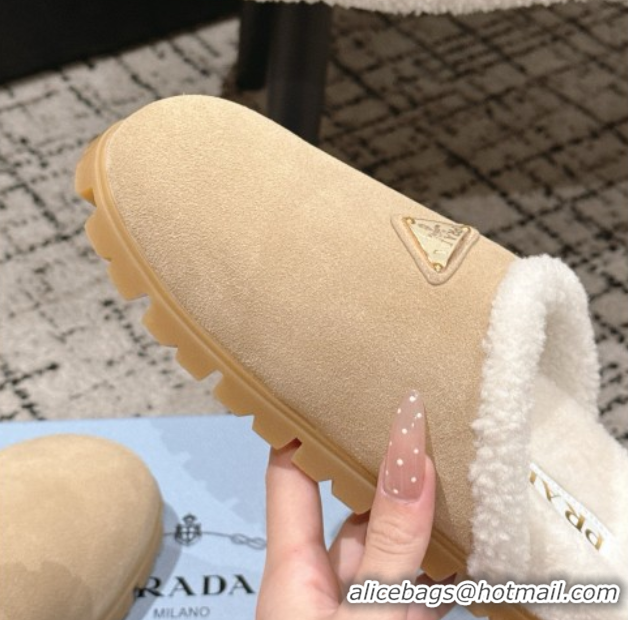 Stylish Prada Suede and Shearling Flat Mules Beige 2025 PR102702 1027028
