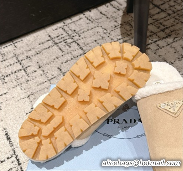 Stylish Prada Suede and Shearling Flat Mules Beige 2025 PR102702 1027028