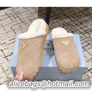 Sumptuous Prada Suede and Shearling Flat Mules Taupe 2025 PR102702 1027029