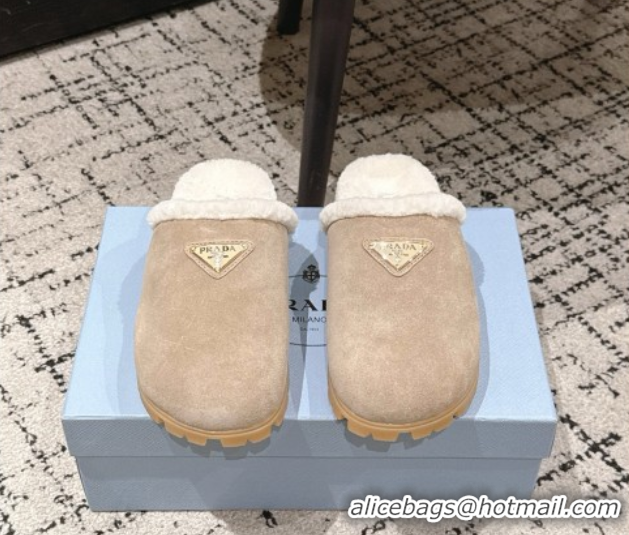Sumptuous Prada Suede and Shearling Flat Mules Taupe 2025 PR102702 1027029