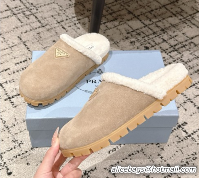 Sumptuous Prada Suede and Shearling Flat Mules Taupe 2025 PR102702 1027029