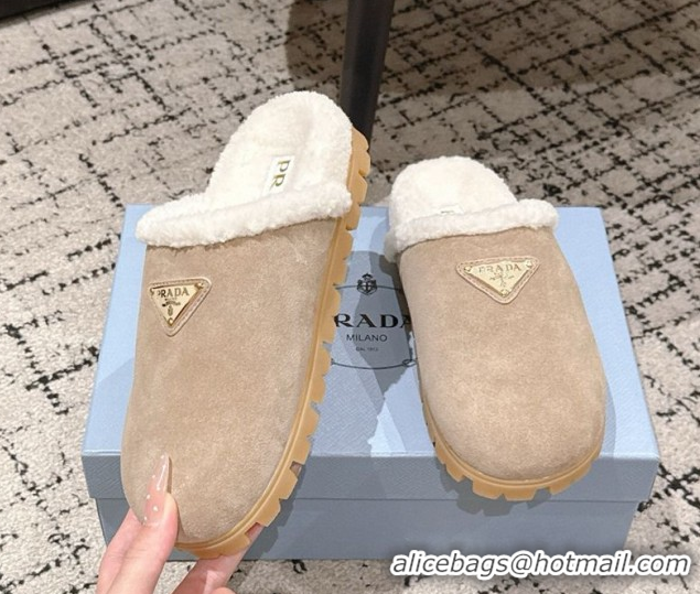 Sumptuous Prada Suede and Shearling Flat Mules Taupe 2025 PR102702 1027029