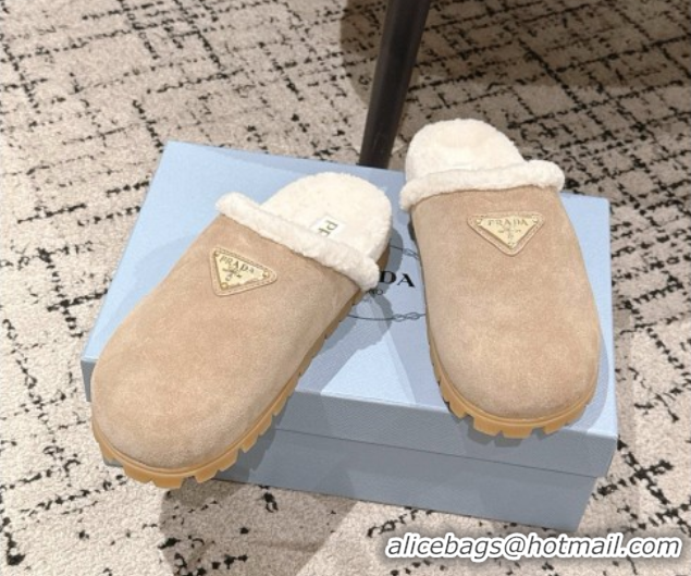 Sumptuous Prada Suede and Shearling Flat Mules Taupe 2025 PR102702 1027029