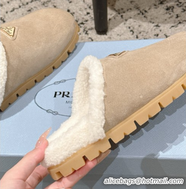 Sumptuous Prada Suede and Shearling Flat Mules Taupe 2025 PR102702 1027029
