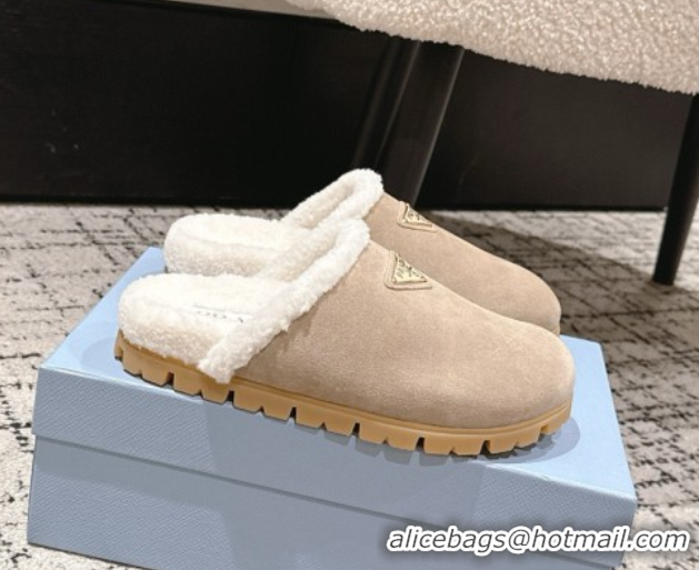 Sumptuous Prada Suede and Shearling Flat Mules Taupe 2025 PR102702 1027029