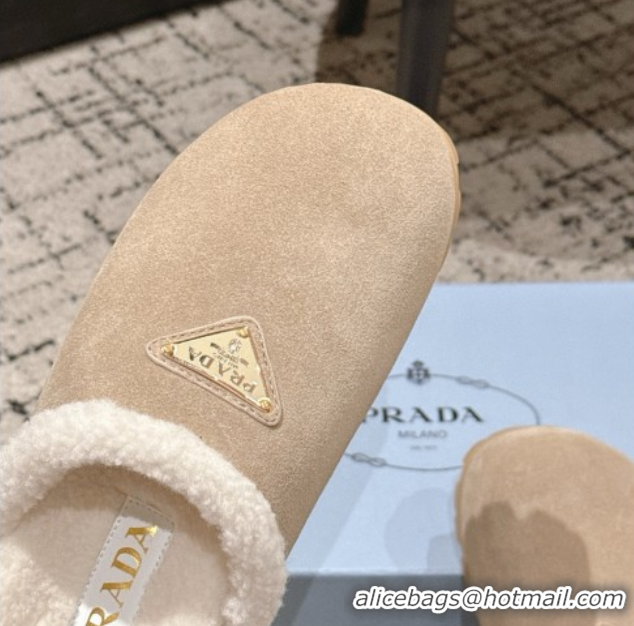 Sumptuous Prada Suede and Shearling Flat Mules Taupe 2025 PR102702 1027029