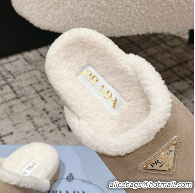 Sumptuous Prada Suede and Shearling Flat Mules Taupe 2025 PR102702 1027029