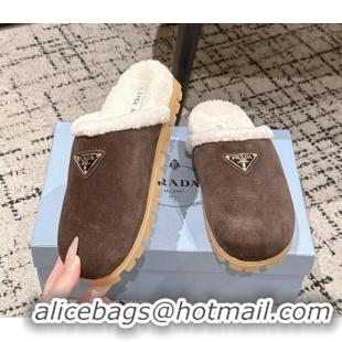 Top Grade Prada Suede and Shearling Flat Mules Dark Brown 2025 PR102702 1027030