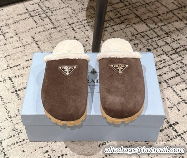 Top Grade Prada Suede and Shearling Flat Mules Dark Brown 2025 PR102702 1027030