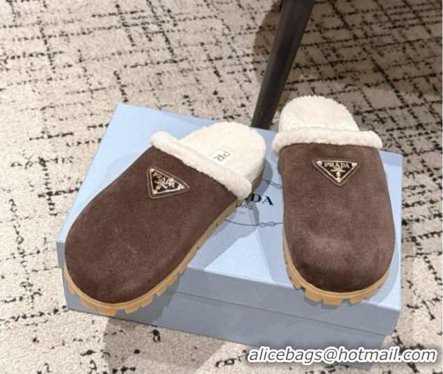 Top Grade Prada Suede and Shearling Flat Mules Dark Brown 2025 PR102702 1027030