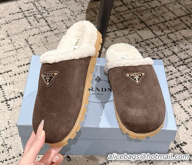 Top Grade Prada Suede and Shearling Flat Mules Dark Brown 2025 PR102702 1027030