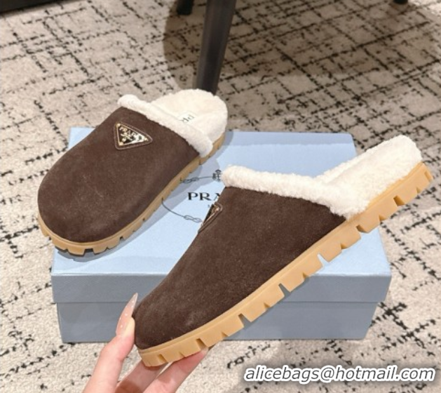 Top Grade Prada Suede and Shearling Flat Mules Dark Brown 2025 PR102702 1027030