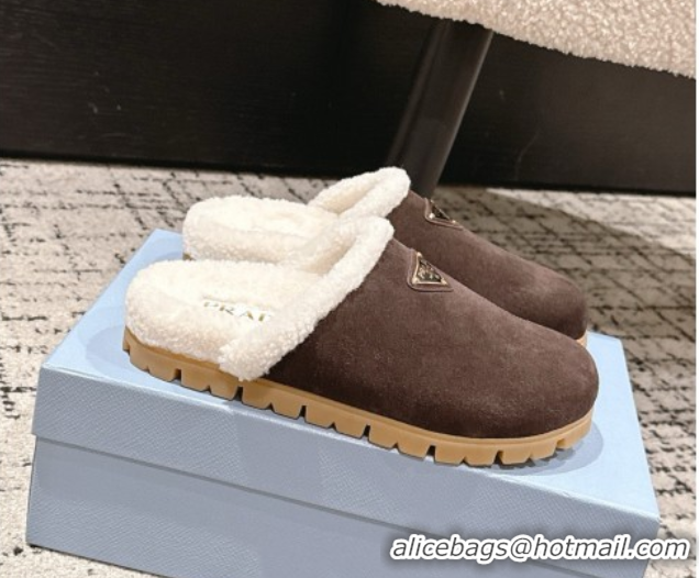Top Grade Prada Suede and Shearling Flat Mules Dark Brown 2025 PR102702 1027030