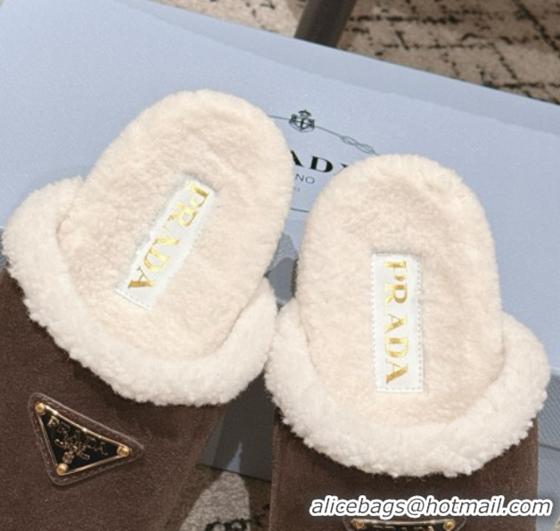 Top Grade Prada Suede and Shearling Flat Mules Dark Brown 2025 PR102702 1027030