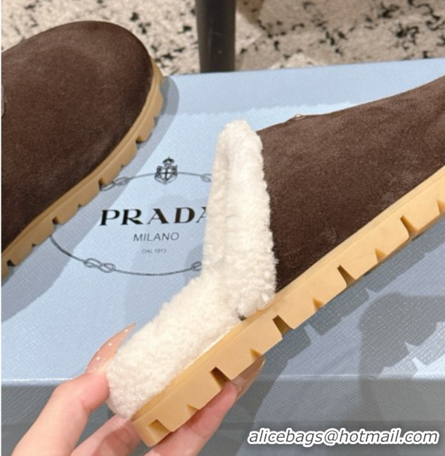 Top Grade Prada Suede and Shearling Flat Mules Dark Brown 2025 PR102702 1027030