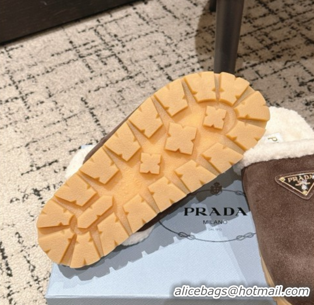 Top Grade Prada Suede and Shearling Flat Mules Dark Brown 2025 PR102702 1027030