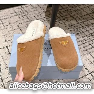 Top Grade Prada Suede and Shearling Flat Mules Brown2 2025 PR102702 1027031