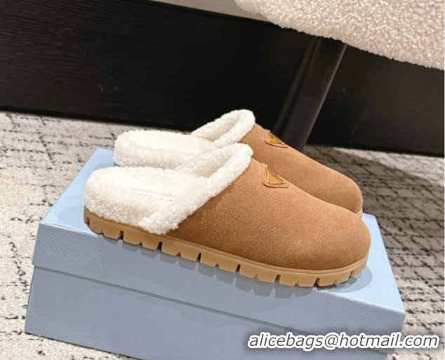 Top Grade Prada Suede and Shearling Flat Mules Brown2 2025 PR102702 1027031