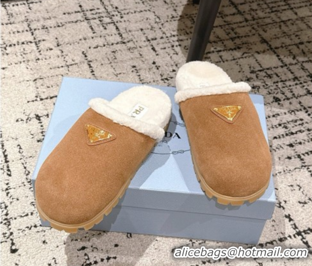 Top Grade Prada Suede and Shearling Flat Mules Brown2 2025 PR102702 1027031