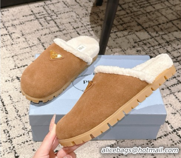 Top Grade Prada Suede and Shearling Flat Mules Brown2 2025 PR102702 1027031