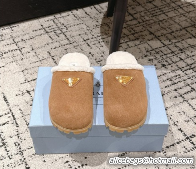 Top Grade Prada Suede and Shearling Flat Mules Brown2 2025 PR102702 1027031