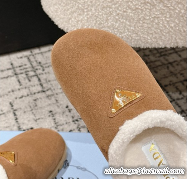 Top Grade Prada Suede and Shearling Flat Mules Brown2 2025 PR102702 1027031