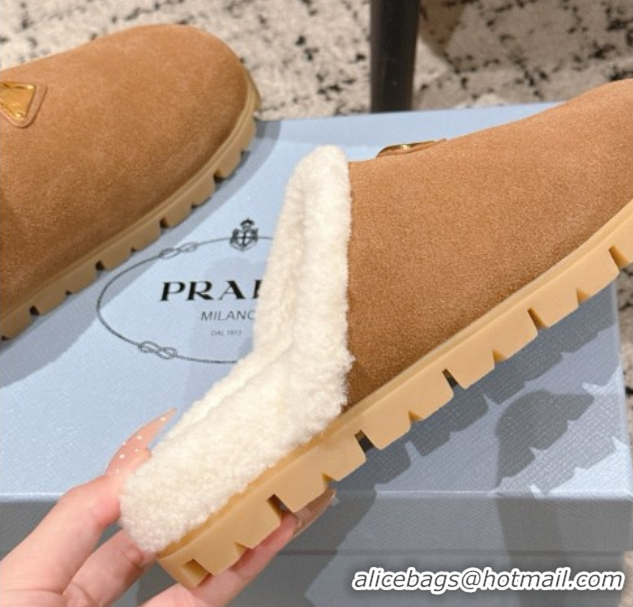 Top Grade Prada Suede and Shearling Flat Mules Brown2 2025 PR102702 1027031