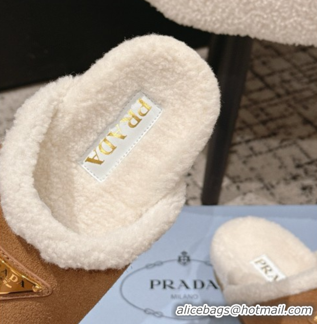 Top Grade Prada Suede and Shearling Flat Mules Brown2 2025 PR102702 1027031