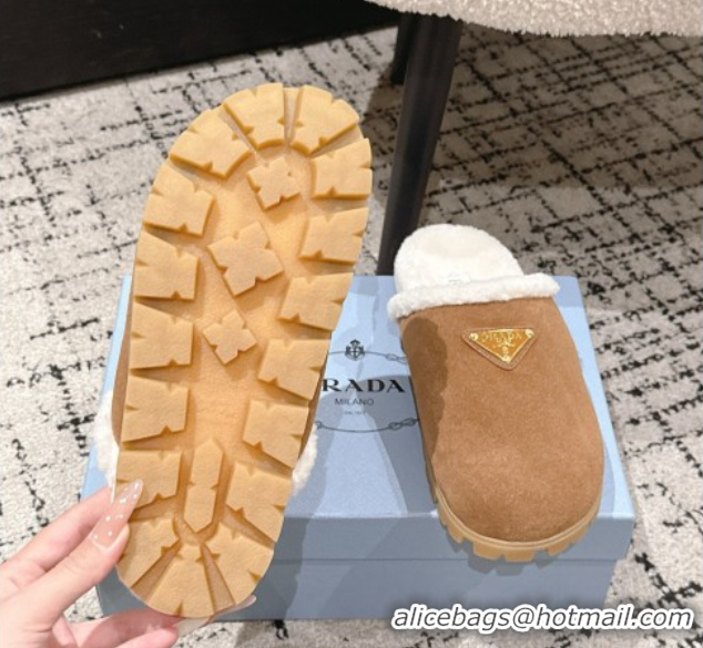 Top Grade Prada Suede and Shearling Flat Mules Brown2 2025 PR102702 1027031
