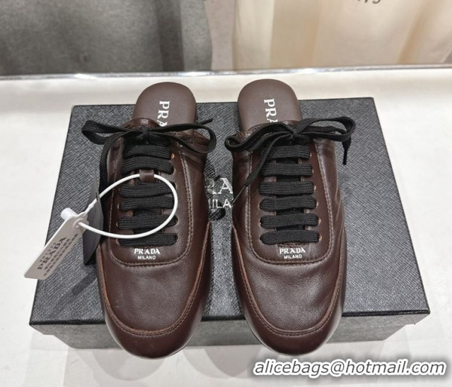 Low Price Prada Collapse Nappa Leather Lace-up Flat Mules Brown 1E989N 1027032