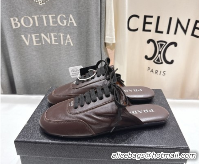 Low Price Prada Collapse Nappa Leather Lace-up Flat Mules Brown 1E989N 1027032