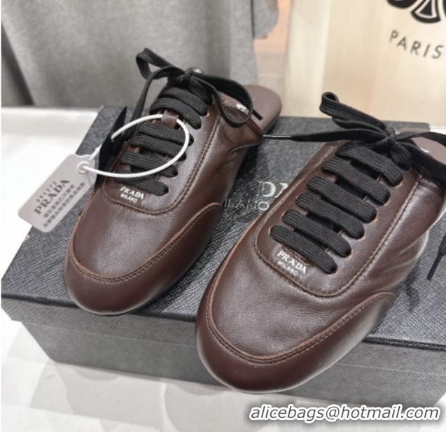 Low Price Prada Collapse Nappa Leather Lace-up Flat Mules Brown 1E989N 1027032