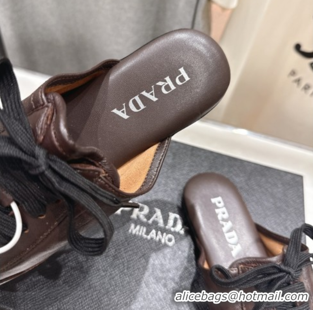 Low Price Prada Collapse Nappa Leather Lace-up Flat Mules Brown 1E989N 1027032
