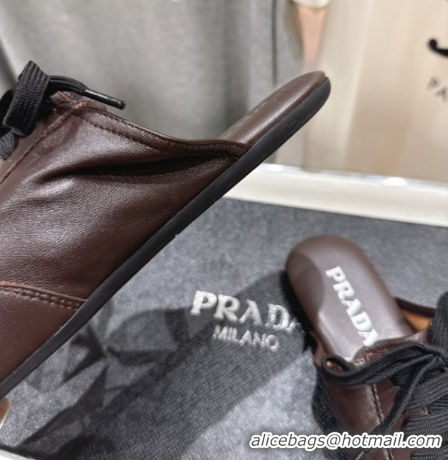 Low Price Prada Collapse Nappa Leather Lace-up Flat Mules Brown 1E989N 1027032