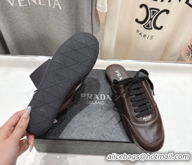 Low Price Prada Collapse Nappa Leather Lace-up Flat Mules Brown 1E989N 1027032