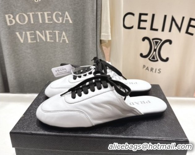 Stylish Prada Collapse Nappa Leather Lace-up Flat Mules White 2025 1E989N 1027033