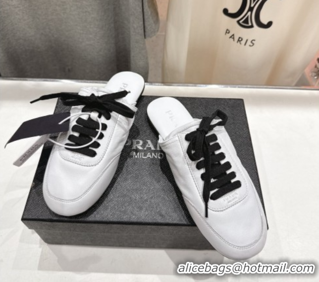 Stylish Prada Collapse Nappa Leather Lace-up Flat Mules White 2025 1E989N 1027033