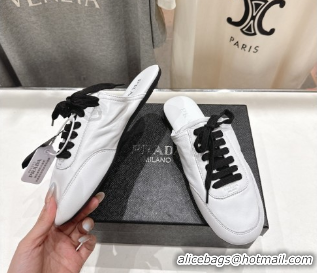 Stylish Prada Collapse Nappa Leather Lace-up Flat Mules White 2025 1E989N 1027033