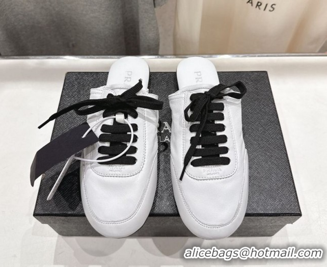 Stylish Prada Collapse Nappa Leather Lace-up Flat Mules White 2025 1E989N 1027033