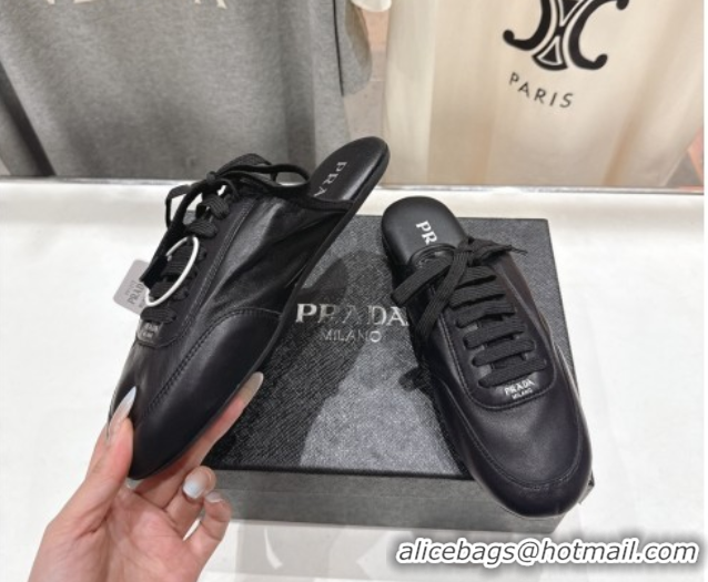 Sophisticated Prada Collapse Nappa Leather Lace-up Flat Mules Black 2025 1E989N 1027034
