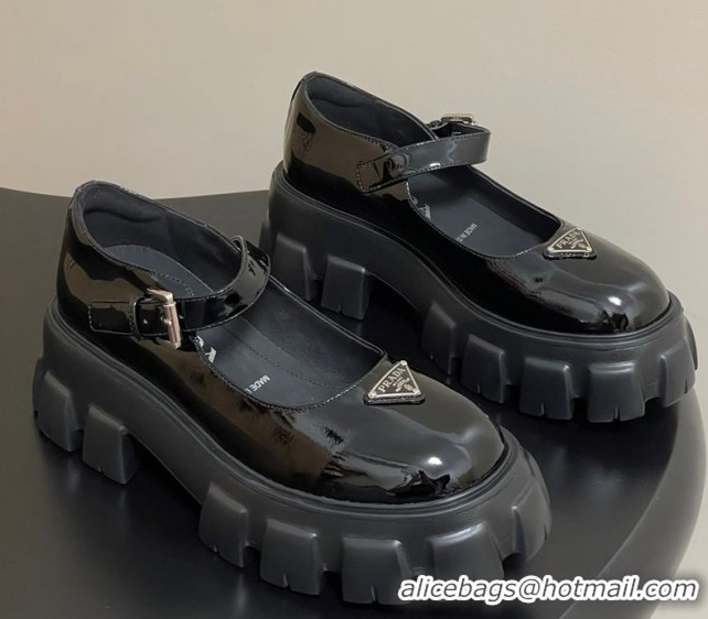 Classic Hot Prada Patent leather Monolith Platform Mary Janes Shoes 5cm Black 2025 1F080O 1027038