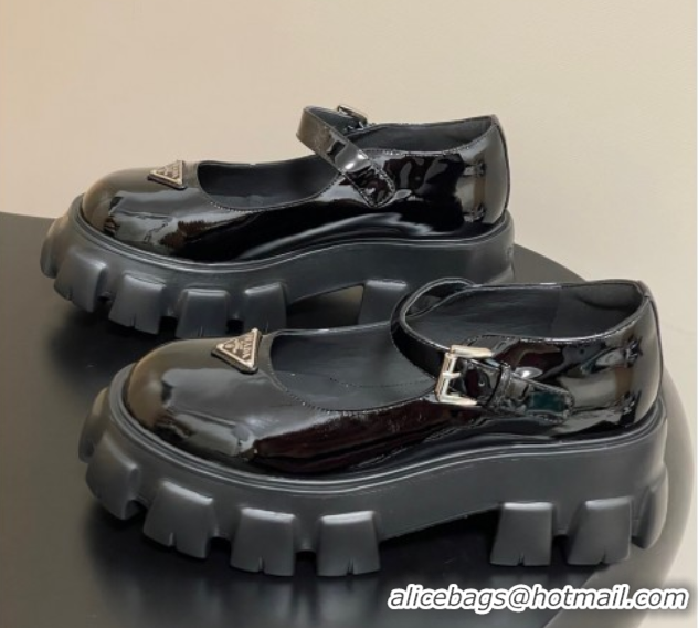 Classic Hot Prada Patent leather Monolith Platform Mary Janes Shoes 5cm Black 2025 1F080O 1027038