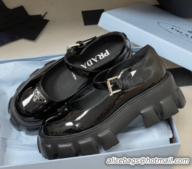 Classic Hot Prada Patent leather Monolith Platform Mary Janes Shoes 5cm Black 2025 1F080O 1027038