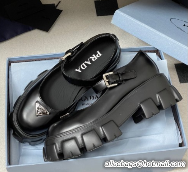 Good Quality Prada Brushed leather Monolith Platform Mary Janes Shoes 5cm Black 2025 1F080O 1027039