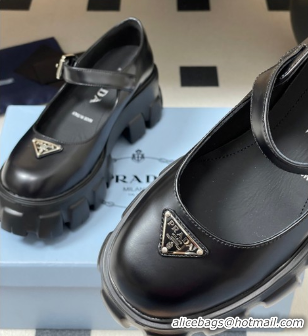 Good Quality Prada Brushed leather Monolith Platform Mary Janes Shoes 5cm Black 2025 1F080O 1027039