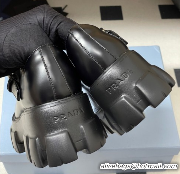 Good Quality Prada Brushed leather Monolith Platform Mary Janes Shoes 5cm Black 2025 1F080O 1027039