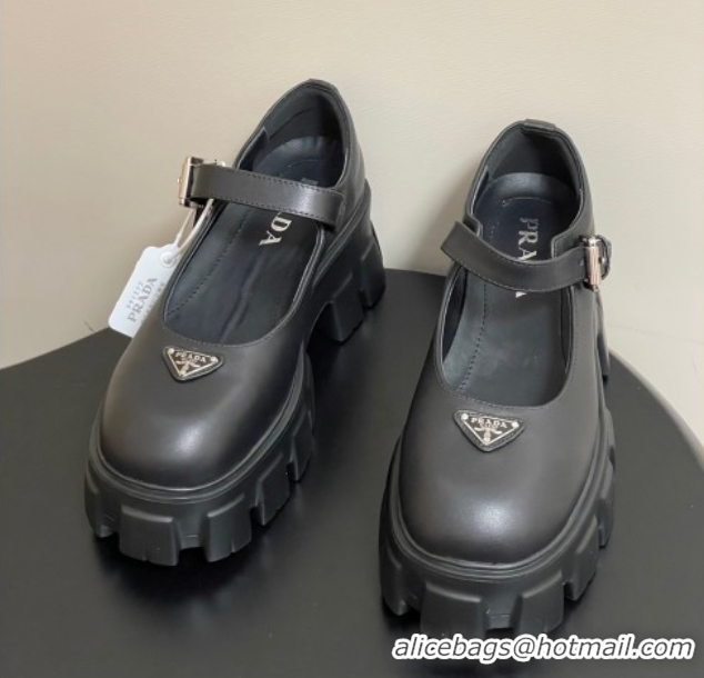 Grade Quality Prada Calf Leather Monolith Platform Mary Janes Shoes 5cm Black 2025 1F080O 1027040