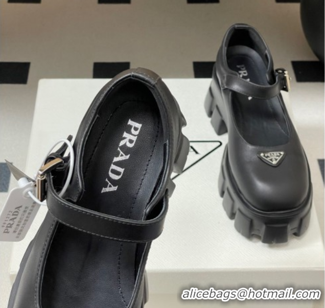Grade Quality Prada Calf Leather Monolith Platform Mary Janes Shoes 5cm Black 2025 1F080O 1027040