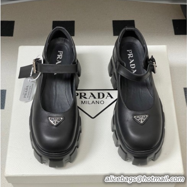 Grade Quality Prada Calf Leather Monolith Platform Mary Janes Shoes 5cm Black 2025 1F080O 1027040