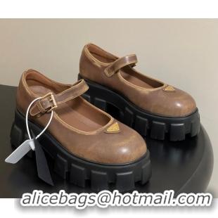 Luxurious Prada Faded Leather Monolith Platform Mary Janes Shoes 5cm Brown 2025 1F080O 1027041
